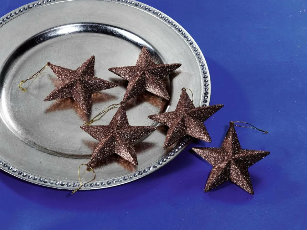 DecoWoerner Deko Glitzerstern, Pack á 5 Stück braun