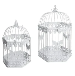Clearance DecoWoerner Dekoratives Metall-Vogelkäfig-Set 2 Stück 48 X 26 X 23 Cm - 41 X 21 X 18 Cm weiß