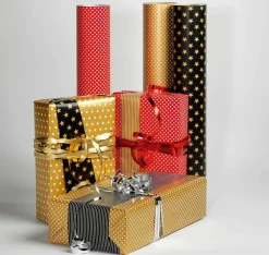 Online DecoWoerner Doppelseitiges Weihnachts-Geschenkpapier In Schwarz & Mit Sternen & Punkten – 50 M Geschenkpapier-Rolle gold