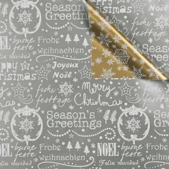 DecoWoerner Doppelseitiges Weihnachts-Geschenkpapier In & Silber Mit Weihnachtssymbolen – 50 M Geschenkpapier-Rolle gold
