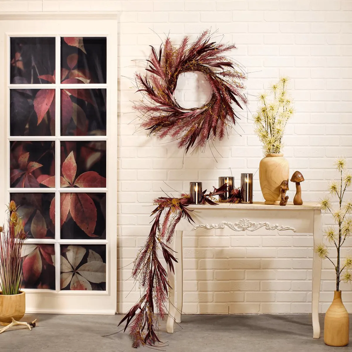 Clearance DecoWoerner Herbstlicher XXL Deko-Türkranz Lampenputzergras-Mix Mit em Eukalyptus 70 Cm Ø rot