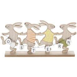 DecoWoerner Holz-Aufsteller Tanzende Oster-Hasen Mit "Ostern-Schrifftzug" 30 Cm braun