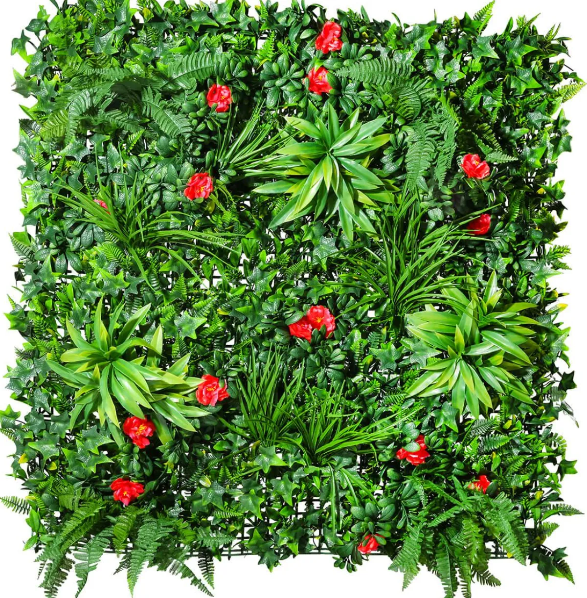 New DecoWoerner Künstliches Wandgarten-Paneel Gras-Blüten-Mix, 1 X 1 M grün