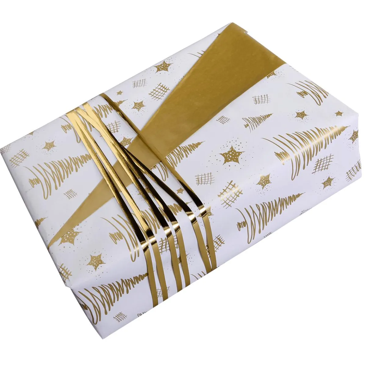 New DecoWoerner Nachhaltiges, Doppelseitiges Weihnachts-Geschenkpapier Mit Tannenbäumen & Sternen In – 50 M Geschenkpapier-Rolle gold