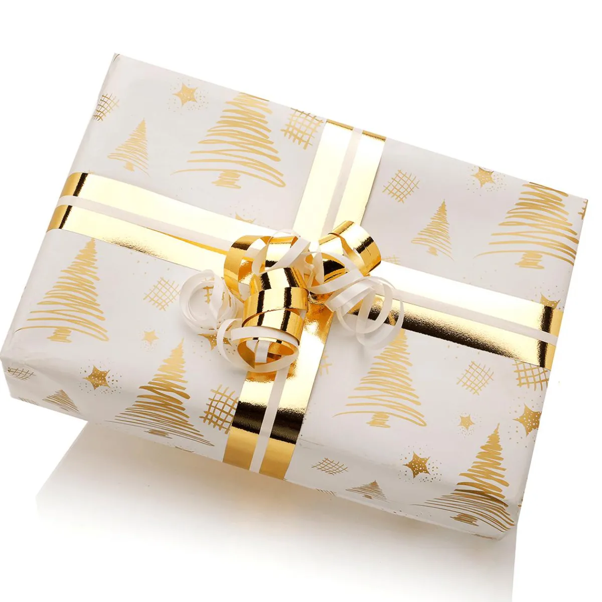 New DecoWoerner Nachhaltiges, Doppelseitiges Weihnachts-Geschenkpapier Mit Tannenbäumen & Sternen In – 50 M Geschenkpapier-Rolle gold