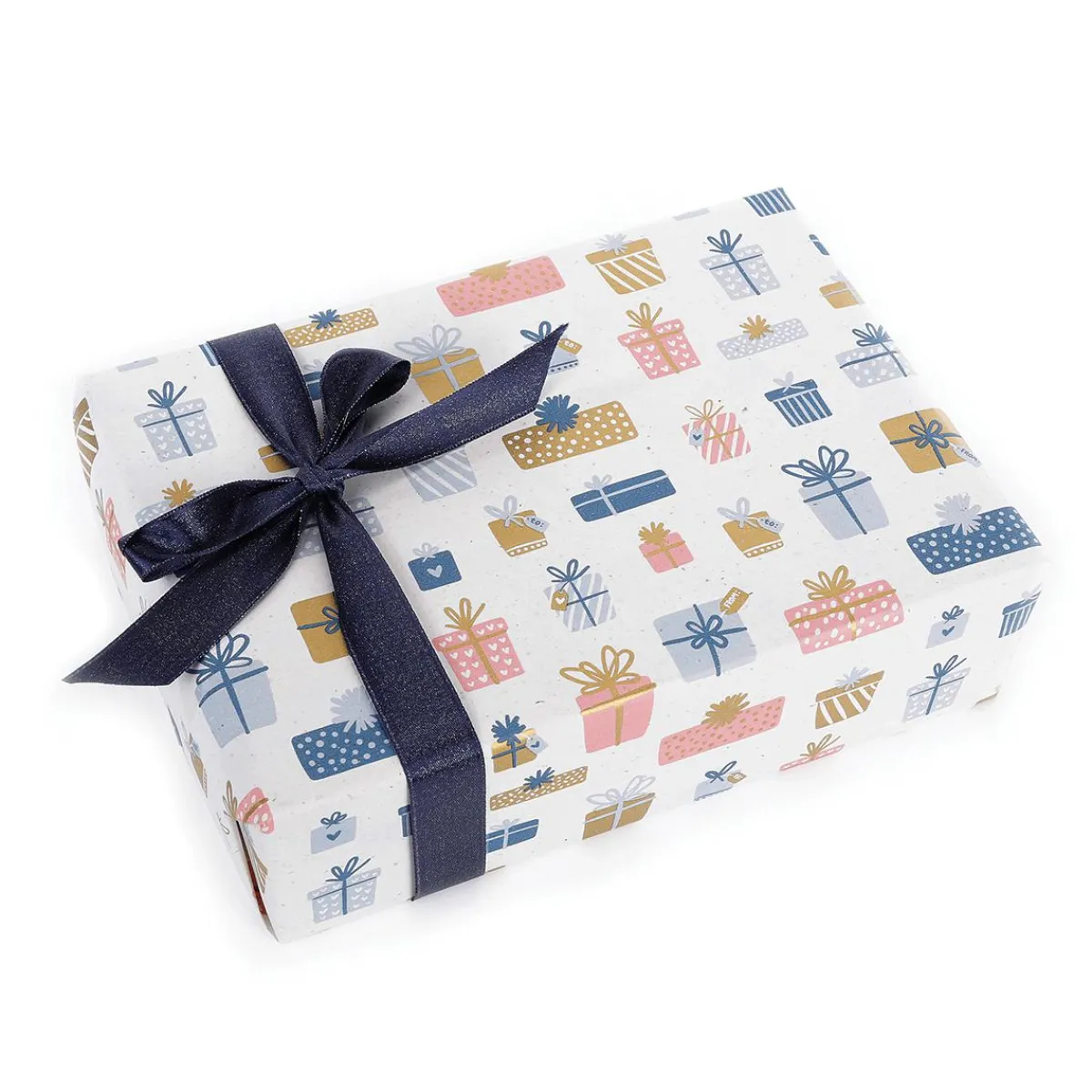 DecoWoerner Nachhaltiges Kraftpapier Aus Zuckerrüben Mit Rosa, Blauen & Goldenen Geschenken – 50 M Geschenkpapier-Rolle mehrfarbig