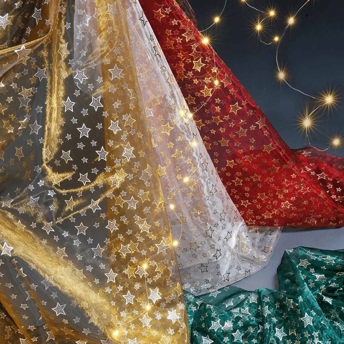 New DecoWoerner Organza-Stoff "Sternchen" 145cm,br. silber