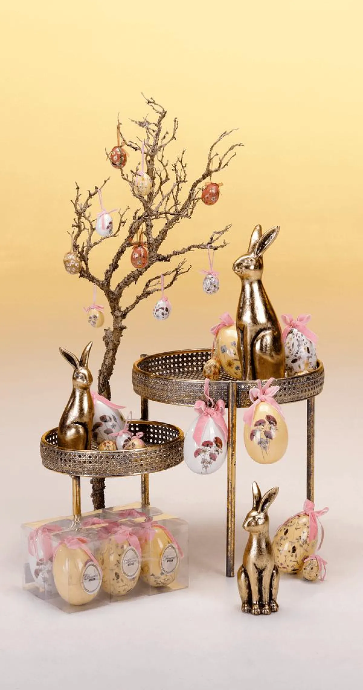 DecoWoerner Ostereier-Set Zum Aufhängen Aus Schaumstoff, Mit Blumenmuster Und Schleife 8tlg. weiß