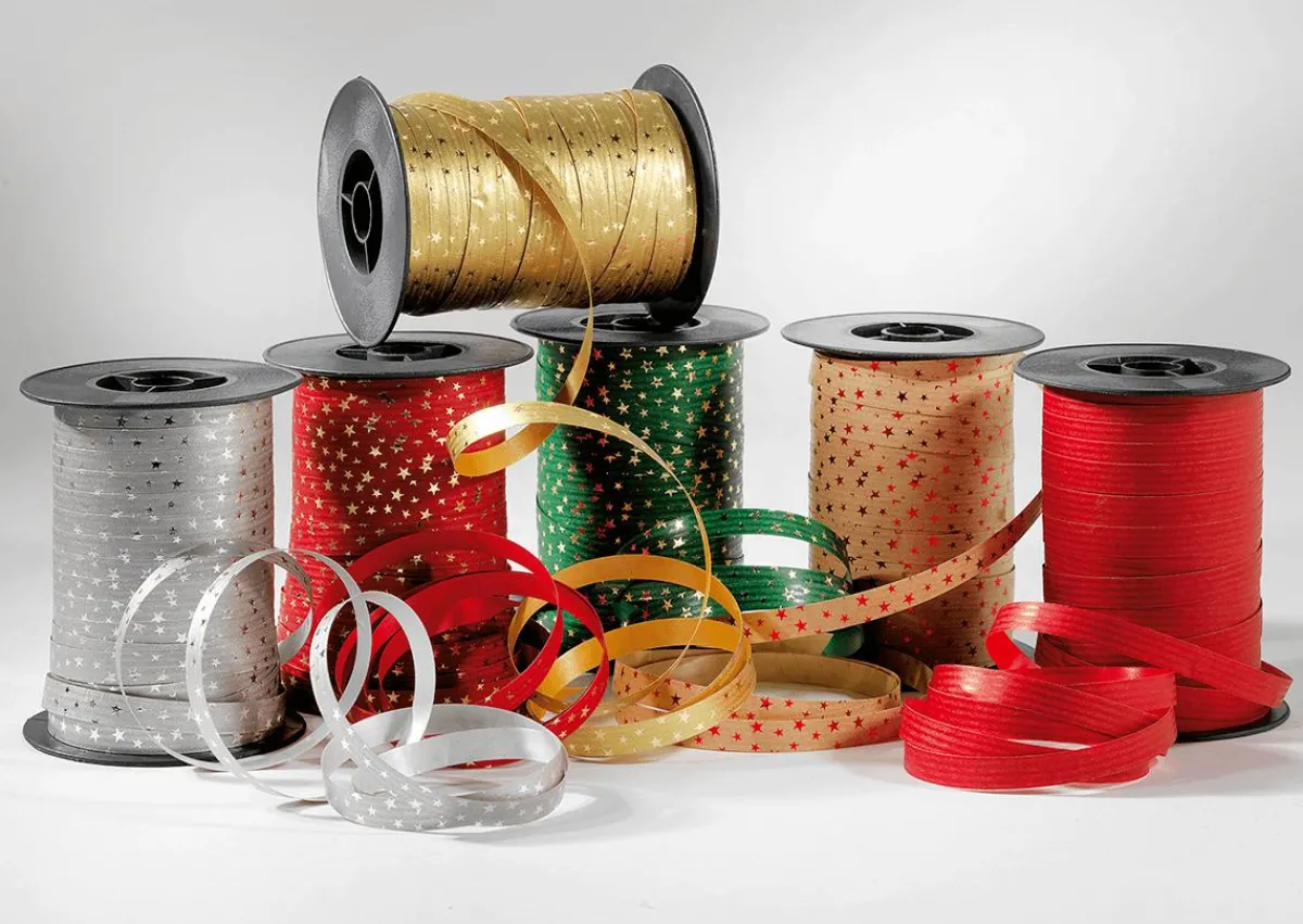 DecoWoerner Poly-Ringelband "Sterne" 10 Mm, 100 M, gold
