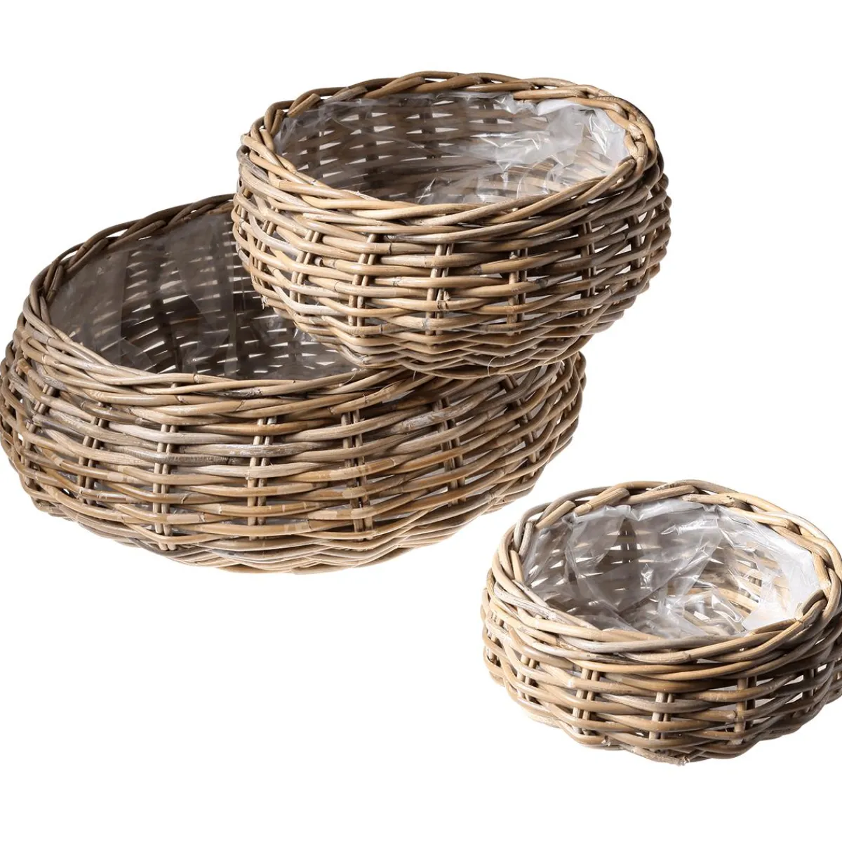 Hot DecoWoerner Rattan-Pflanzkorb-Set Rund, 3-teilig, Ø25cm X 12cm, Ø36cm X 14cm, Ø45cm X 22cm braun