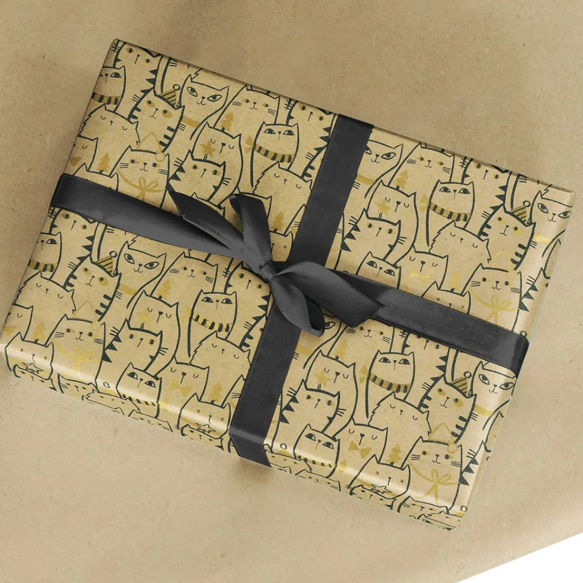 Outlet DecoWoerner Recyceltes Kraftpapier Mit Katzen & Goldenen Details – 50 M Geschenkpapier-Rolle braun