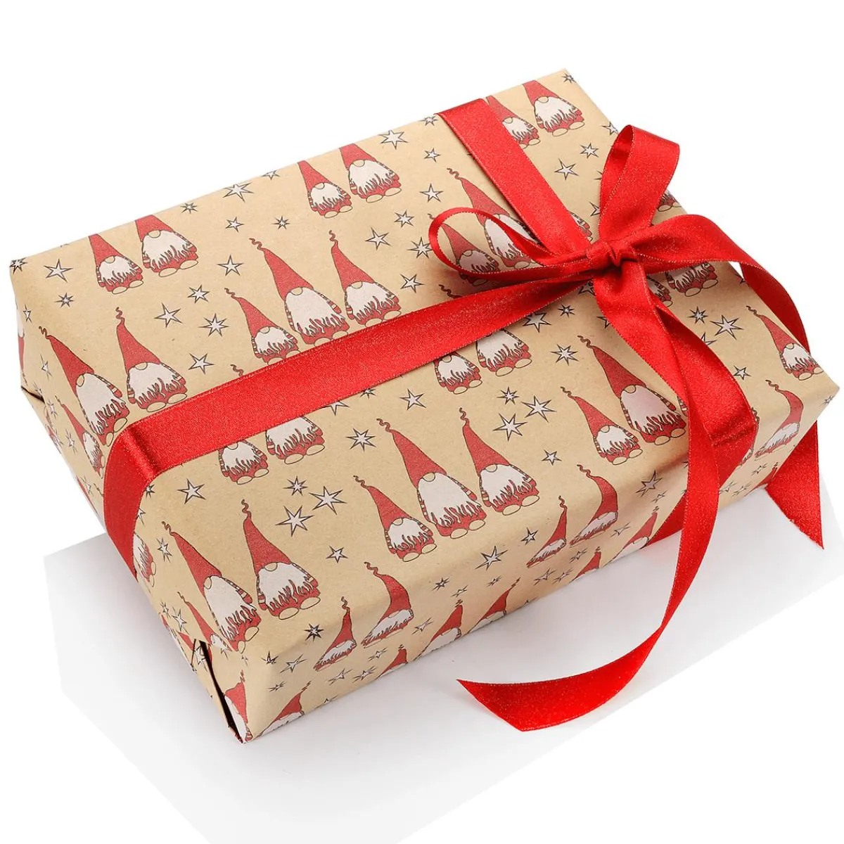 DecoWoerner Recyceltes Kraftpapier Mit Roten Wichteln & Weißen Sternen – 50 M Geschenkpapier-Rolle braun