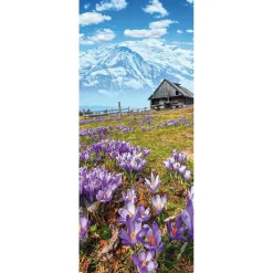 Hot DecoWoerner Schwer Entflammbarer Stoffbanner „Almhütte, Berge Und Lila Krokusse“ Aus Fahnenstoff 75 X 180 Cm violett