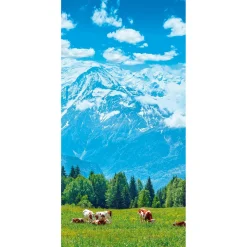 Best DecoWoerner Schwer Entflammbarer Stoffbanner „Kühe Auf Der Weide Vor Bergen“ Aus Fahnenstoff 100 X 200 Cm blau