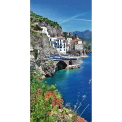 New DecoWoerner Schwer Entflammbarer Stoffbanner „Amalfiküste Am Italienischen Mittelmeer“ Aus Fahnenstoff 100 X 200 Cm blau