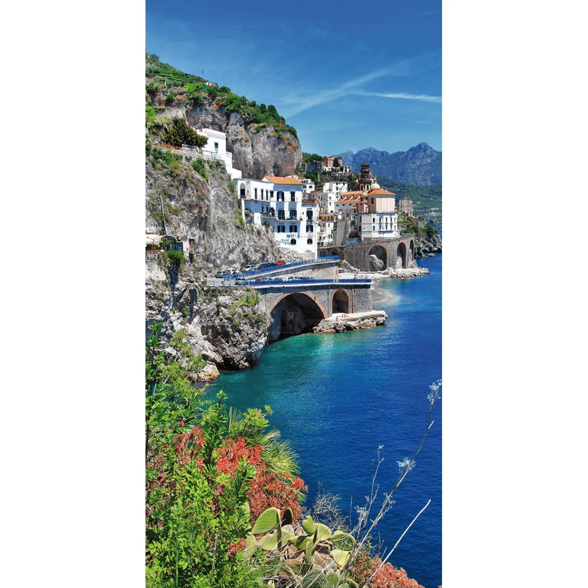 New DecoWoerner Schwer Entflammbarer Stoffbanner „Amalfiküste Am Italienischen Mittelmeer“ Aus Fahnenstoff 100 X 200 Cm blau