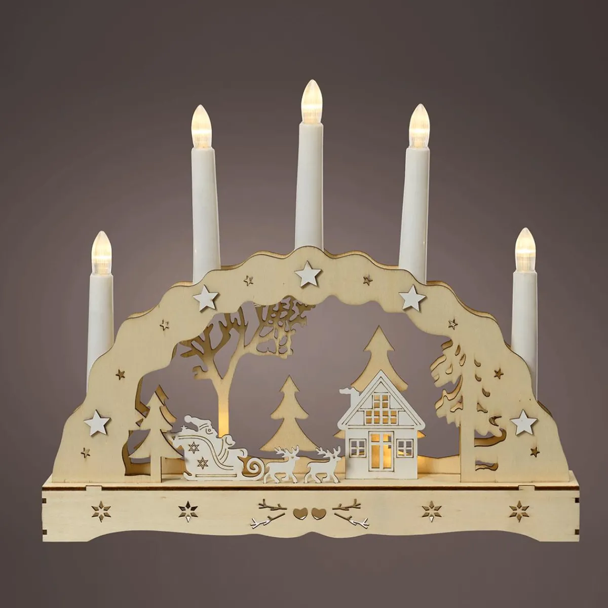 DecoWoerner Schwibbogen Mit 5 LED Kerzen 33 Cm Naturholz