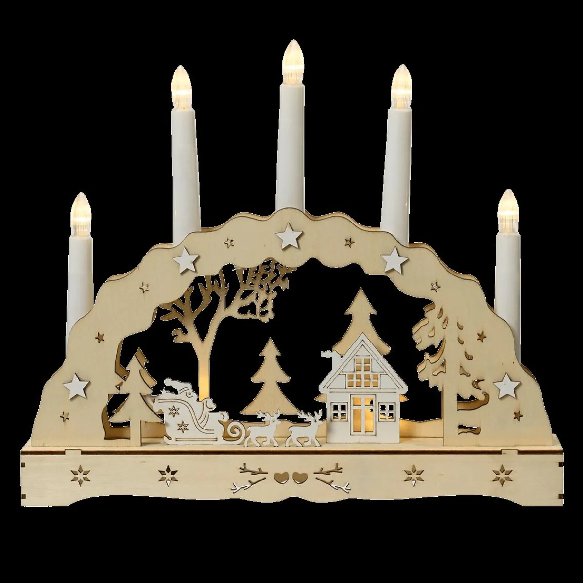 DecoWoerner Schwibbogen Mit 5 LED Kerzen 33 Cm Naturholz