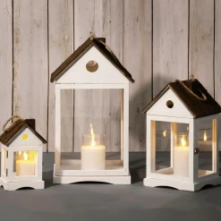 Online DecoWoerner Windlicht Laterne Holzhäuser, Set à 3 Stück weiß